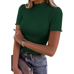 PRETTYGARDEN Short Sleeve T Shirts for Women Summer Clothes 2026 Casual Spring Tops Ruffle Mock Neck Ribbed Fitted Basic Tees(Dark Green)