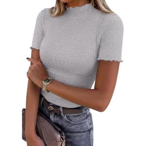 PRETTYGARDEN Short Sleeve T Shirts for Women Summer Clothes 2026 Casual Spring Tops Ruffle Mock Neck Ribbed Fitted Basic Tees(Grey)