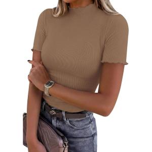 PRETTYGARDEN Short Sleeve T Shirts for Women Summer Clothes 2026 Casual Spring Tops Ruffle Mock Neck Ribbed Fitted Basic Tees(Light Brown)
