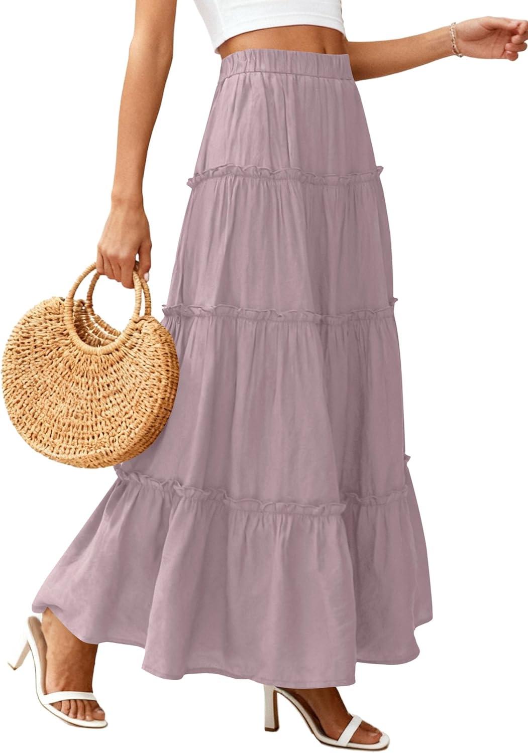 imagePRETTYGARDEN Boho Maxi Skirts for Women Trendy Summer 2026 Spring Long Flowy A Line Tiered Skirt Beach Vacation Clothes DressPurple