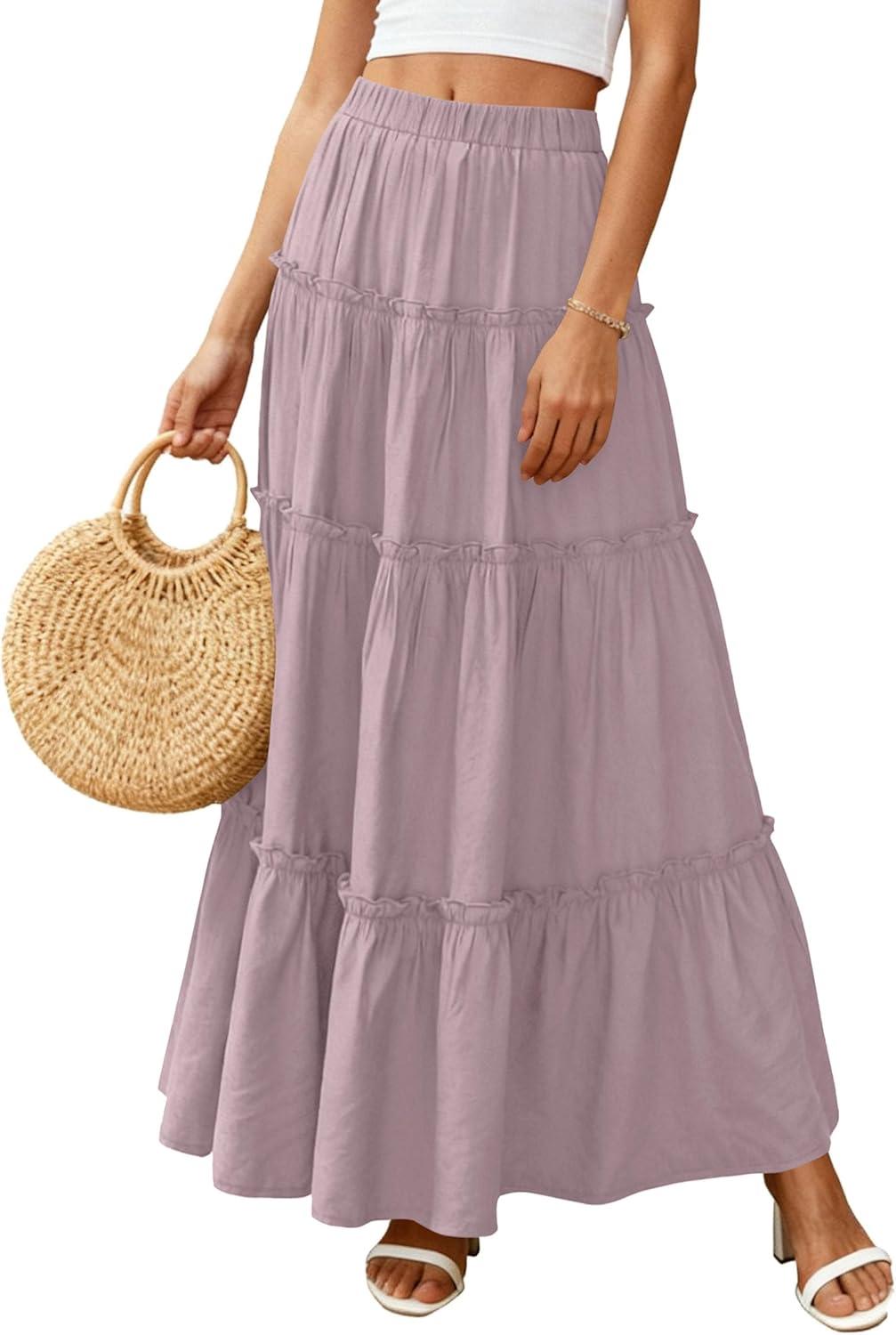 imagePRETTYGARDEN Boho Maxi Skirts for Women Trendy Summer 2026 Spring Long Flowy A Line Tiered Skirt Beach Vacation Clothes DressPurple