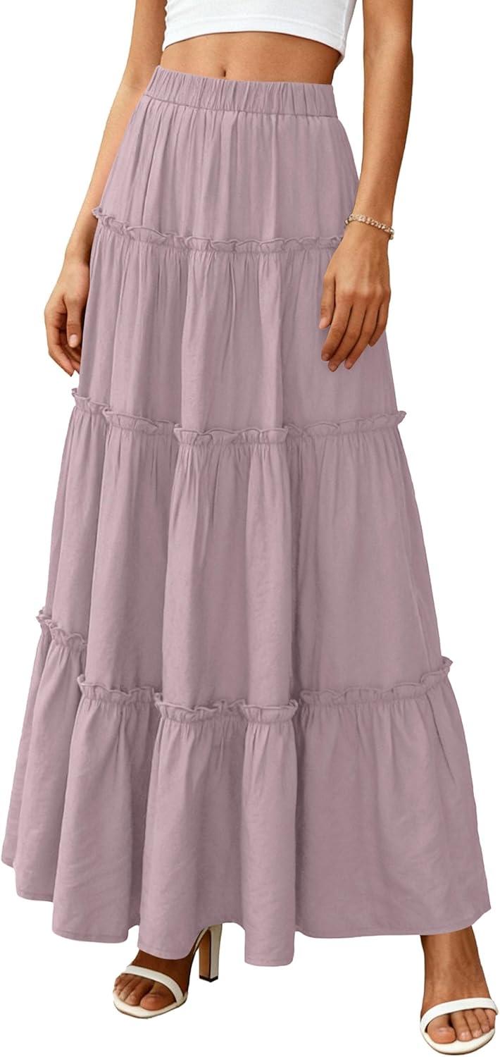 imagePRETTYGARDEN Boho Maxi Skirts for Women Trendy Summer 2026 Spring Long Flowy A Line Tiered Skirt Beach Vacation Clothes DressPurple