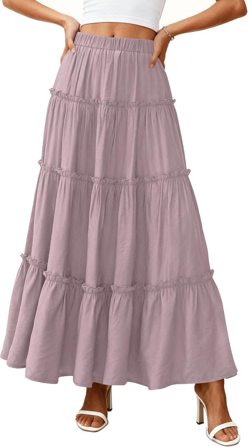 imagePRETTYGARDEN Boho Maxi Skirts for Women Trendy Summer 2026 Spring Long Flowy A Line Tiered Skirt Beach Vacation Clothes DressPurple