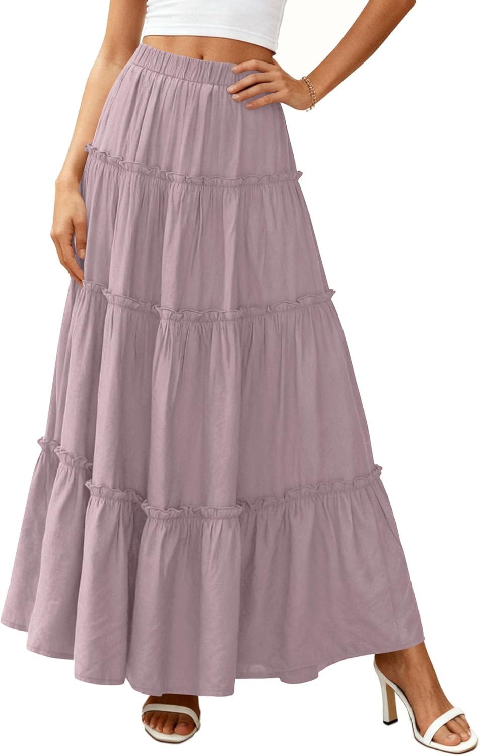 imagePRETTYGARDEN Boho Maxi Skirts for Women Trendy Summer 2026 Spring Long Flowy A Line Tiered Skirt Beach Vacation Clothes DressPurple