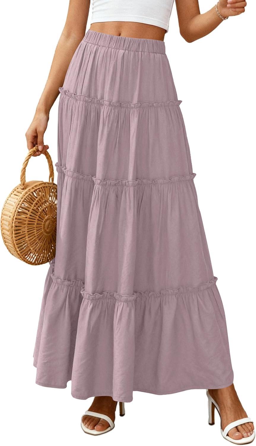 imagePRETTYGARDEN Boho Maxi Skirts for Women Trendy Summer 2026 Spring Long Flowy A Line Tiered Skirt Beach Vacation Clothes DressPurple