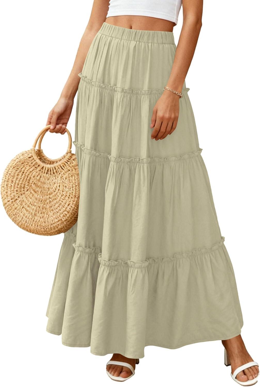 imagePRETTYGARDEN Boho Maxi Skirts for Women Trendy Summer 2026 Spring Long Flowy A Line Tiered Skirt Beach Vacation Clothes DressSage Green