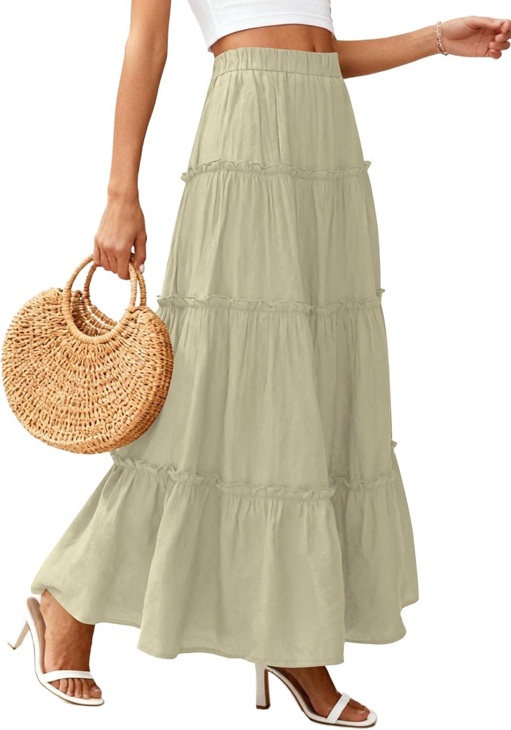 imagePRETTYGARDEN Boho Maxi Skirts for Women Trendy Summer 2026 Spring Long Flowy A Line Tiered Skirt Beach Vacation Clothes DressSage Green