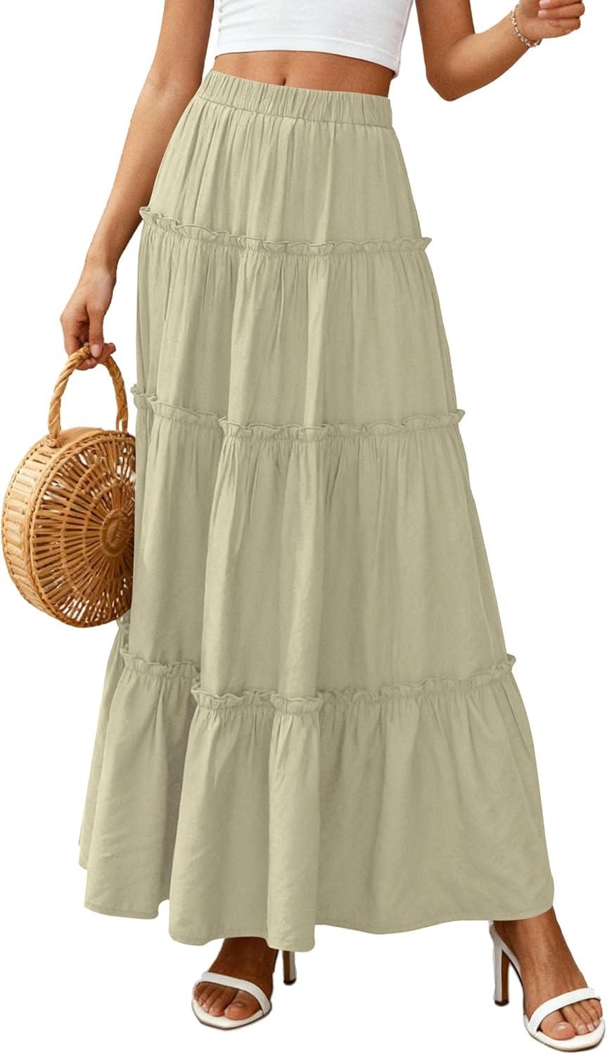 imagePRETTYGARDEN Boho Maxi Skirts for Women Trendy Summer 2026 Spring Long Flowy A Line Tiered Skirt Beach Vacation Clothes DressSage Green