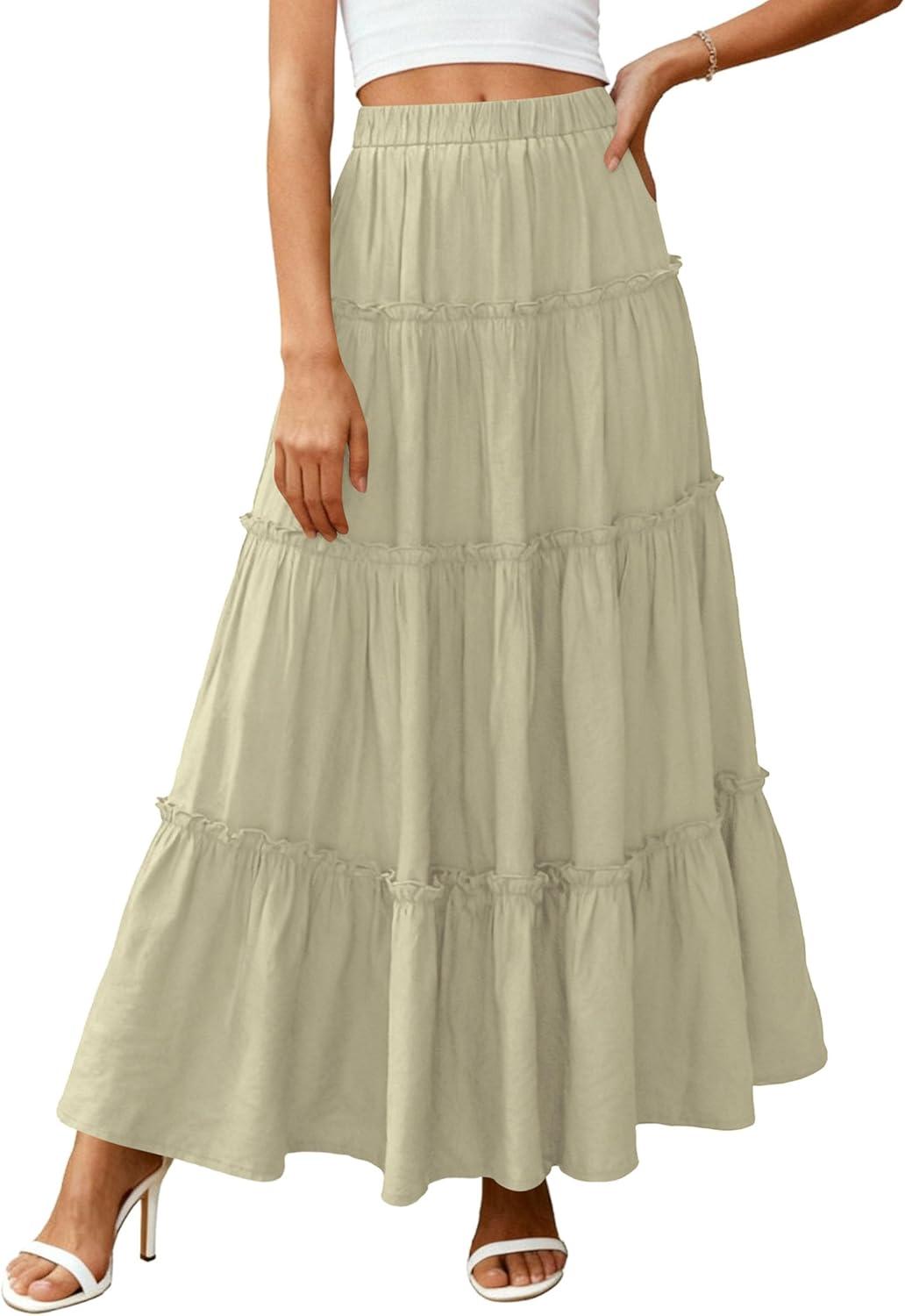 imagePRETTYGARDEN Boho Maxi Skirts for Women Trendy Summer 2026 Spring Long Flowy A Line Tiered Skirt Beach Vacation Clothes DressSage Green