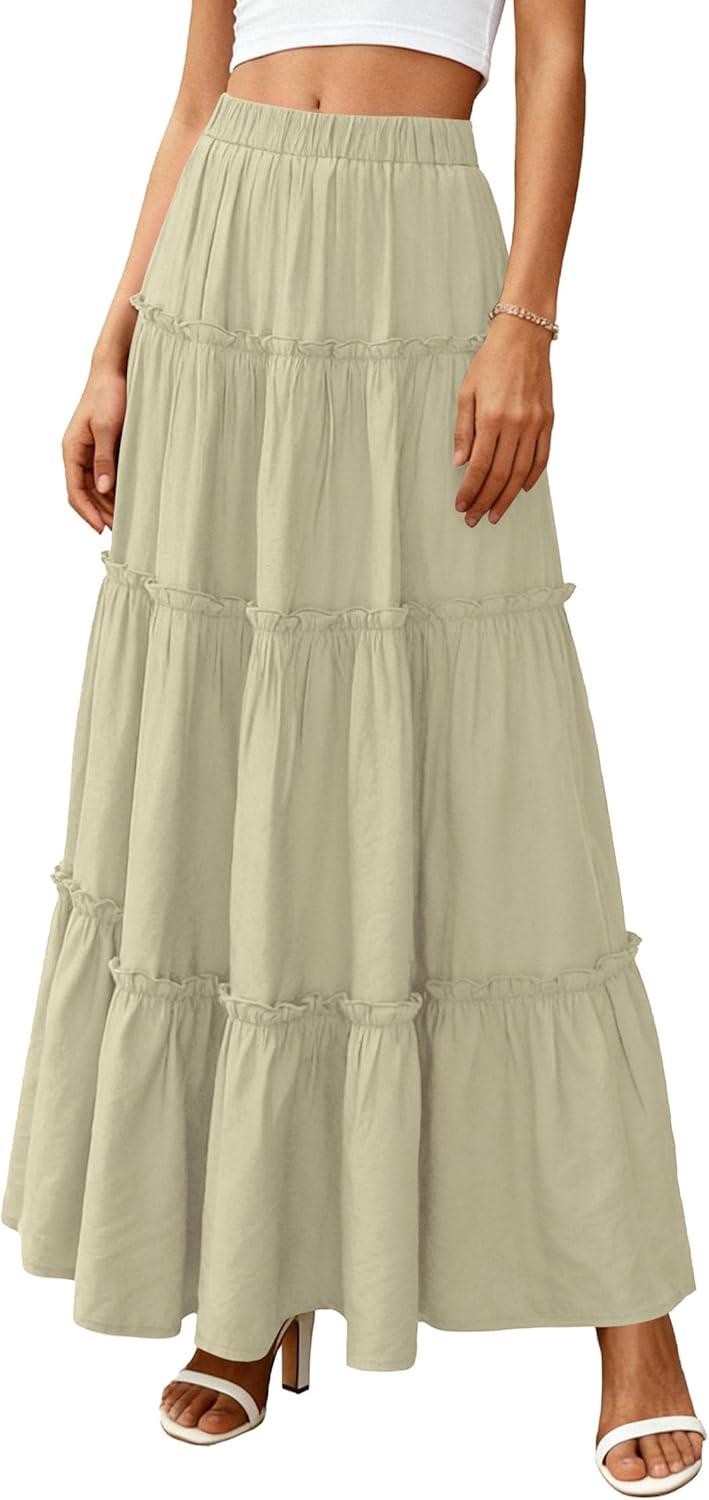 imagePRETTYGARDEN Boho Maxi Skirts for Women Trendy Summer 2026 Spring Long Flowy A Line Tiered Skirt Beach Vacation Clothes DressSage Green