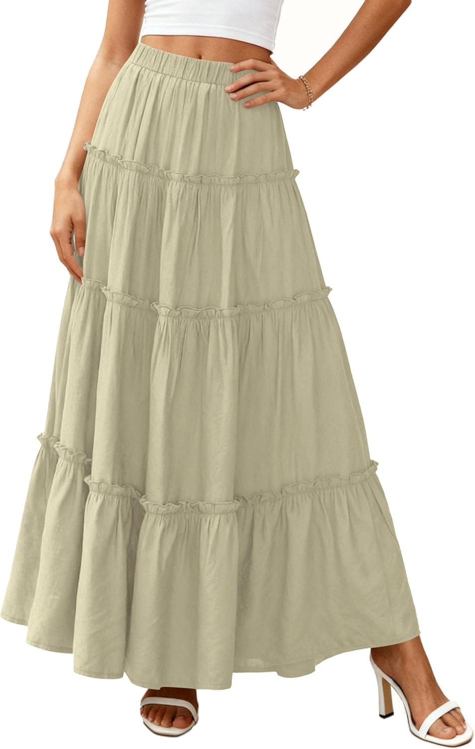 imagePRETTYGARDEN Boho Maxi Skirts for Women Trendy Summer 2026 Spring Long Flowy A Line Tiered Skirt Beach Vacation Clothes DressSage Green