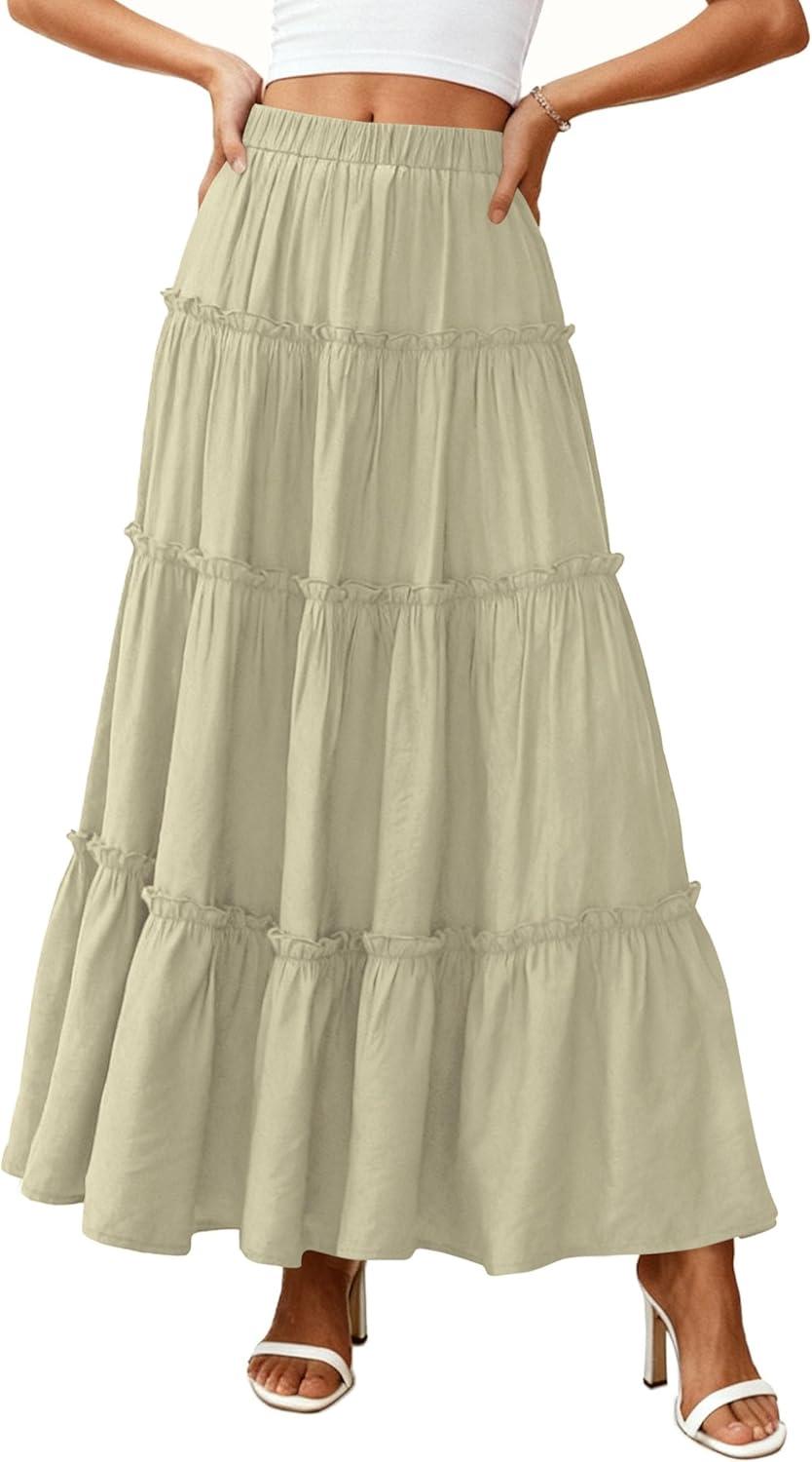 imagePRETTYGARDEN Boho Maxi Skirts for Women Trendy Summer 2026 Spring Long Flowy A Line Tiered Skirt Beach Vacation Clothes DressSage Green
