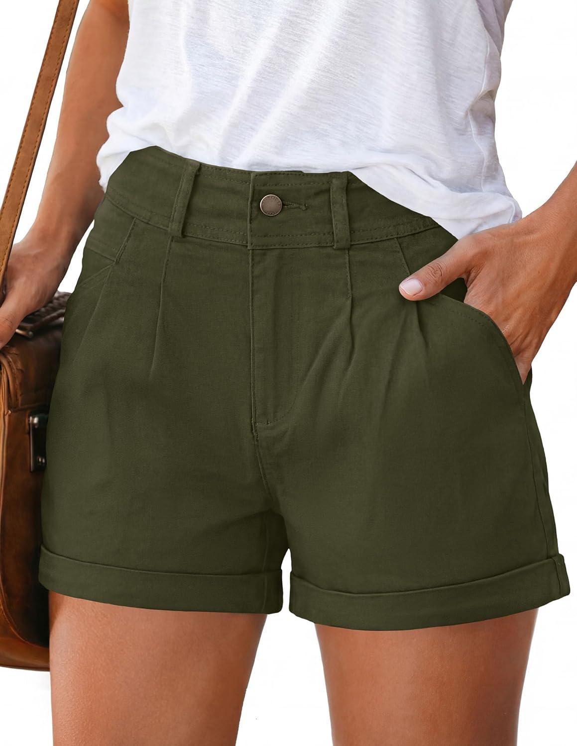 imagePRETTYGARDEN Womens Summer Shorts 2026 Casual High Waisted Pleated Beach Vacation Tailored Denim Shorts with PocketsArmy Green