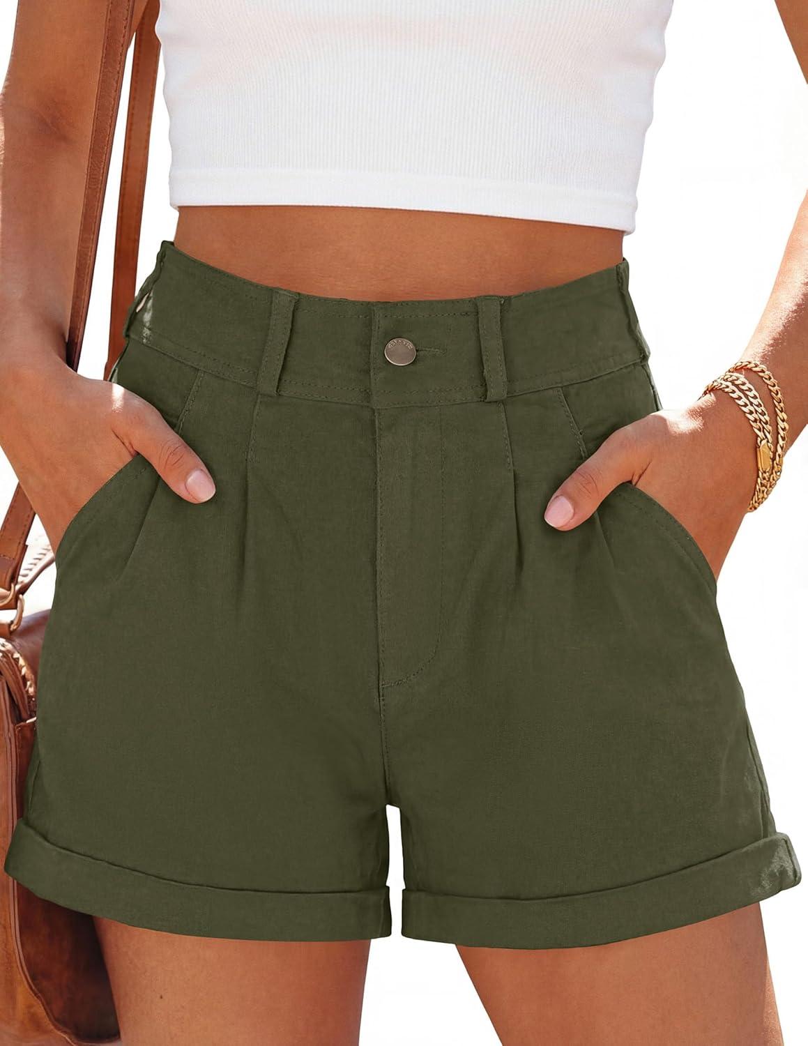 imagePRETTYGARDEN Womens Summer Shorts 2026 Casual High Waisted Pleated Beach Vacation Tailored Denim Shorts with PocketsArmy Green