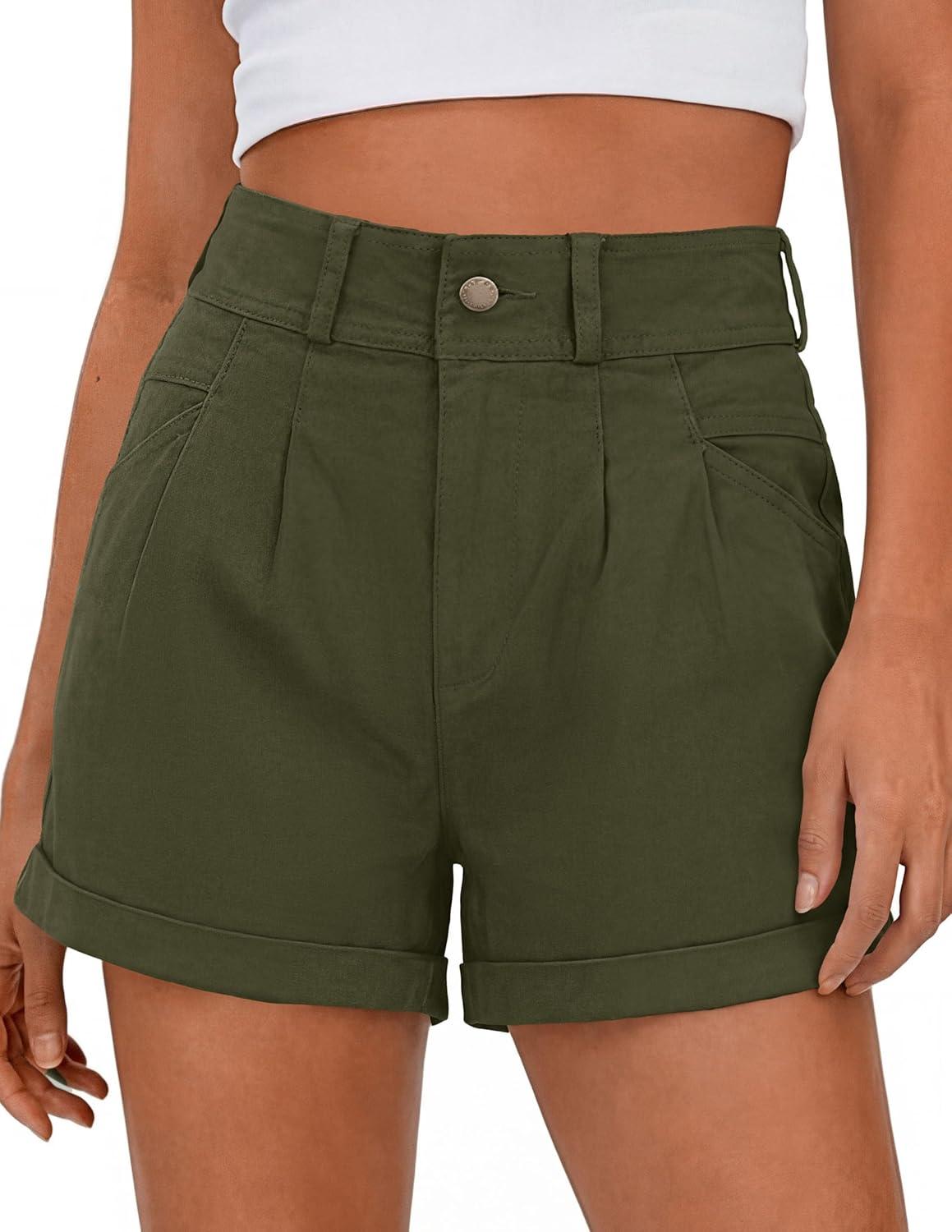 imagePRETTYGARDEN Womens Summer Shorts 2026 Casual High Waisted Pleated Beach Vacation Tailored Denim Shorts with PocketsArmy Green