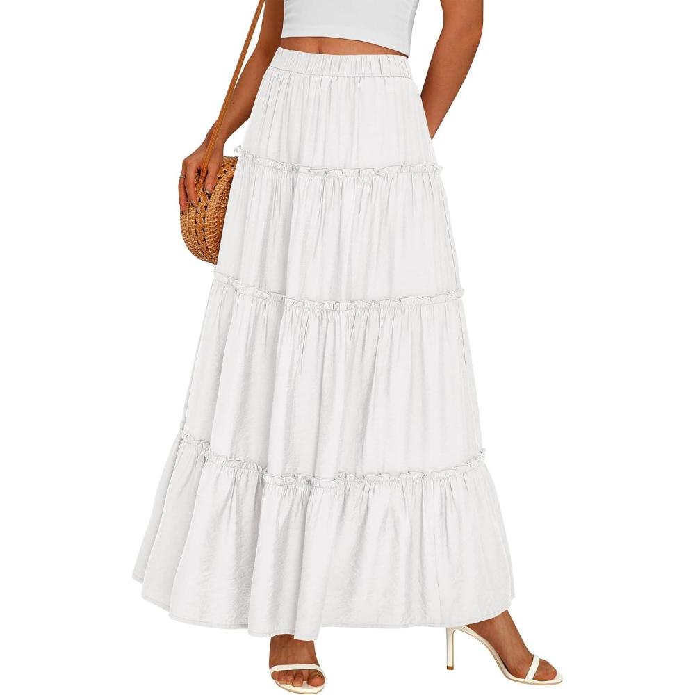 imagePRETTYGARDEN Boho Maxi Skirts for Women Trendy Summer 2026 Spring Long Flowy A Line Tiered Skirt Beach Vacation Clothes DressWhite