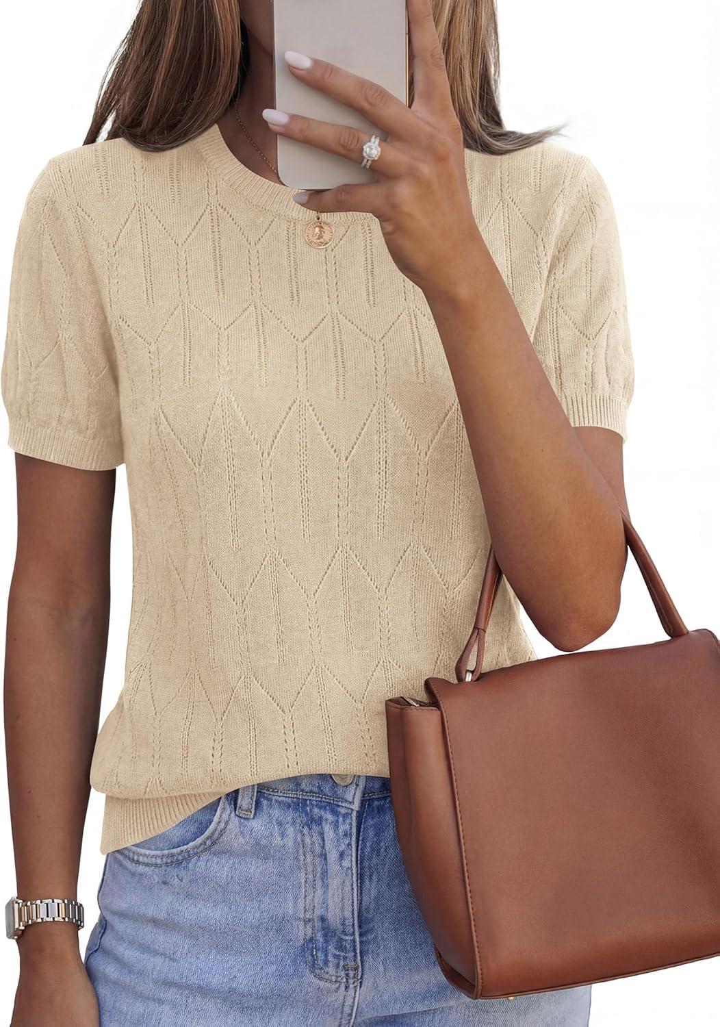 imagePRETTYGARDEN Womens 2026 Spring Short Sleeve Sweater Knit Going Out Tops Work Shirts Trendy Summer Business Casual OutfitsLight Khaki