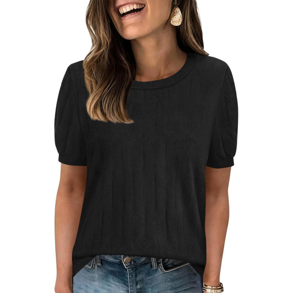 imagePRETTYGARDEN Womens 2026 Spring Short Sleeve Sweater Knit Going Out Tops Work Shirts Trendy Summer Business Casual OutfitsBlack