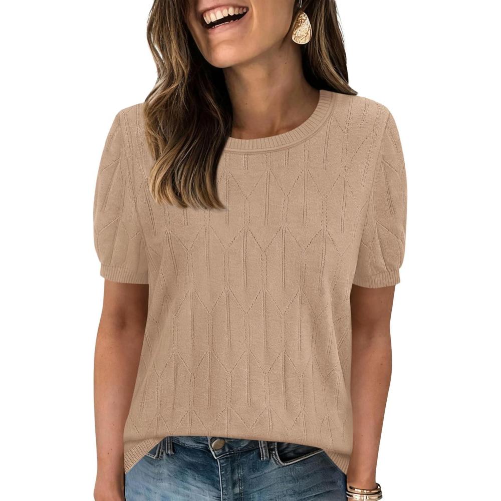 imagePRETTYGARDEN Womens 2026 Spring Short Sleeve Sweater Knit Going Out Tops Work Shirts Trendy Summer Business Casual OutfitsKhaki