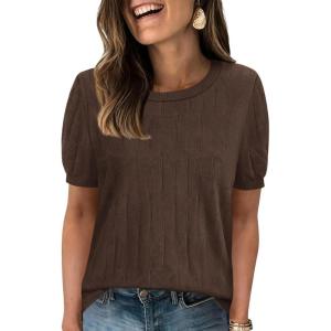 PRETTYGARDEN Women’s 2026 Spring Short Sleeve Sweater Knit Going Out Tops Work Shirts Trendy Summer Business Casual Outfits(Brown)