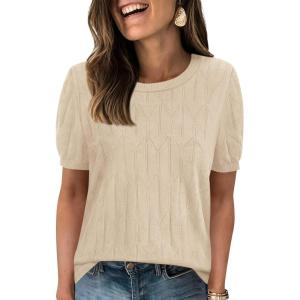 PRETTYGARDEN Women’s 2026 Spring Short Sleeve Sweater Knit Going Out Tops Work Shirts Trendy Summer Business Casual Outfits(Light Khaki)