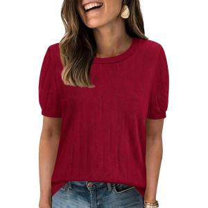 PRETTYGARDEN Women’s 2026 Spring Short Sleeve Sweater Knit Going Out Tops Work Shirts Trendy Summer Business Casual Outfits(Red)