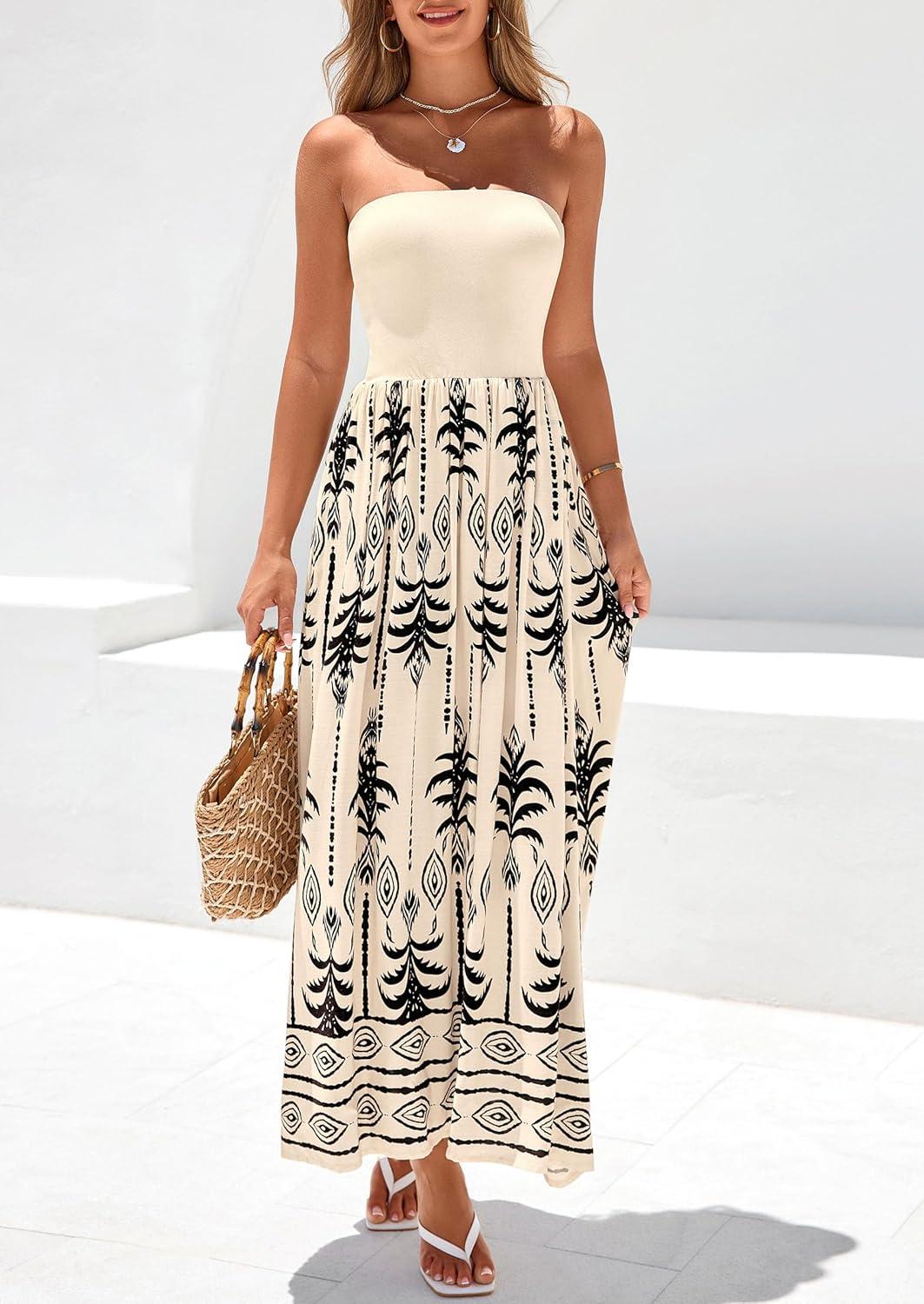 imagePRETTYGARDEN Summer Dresses for Women 2026 Floral Patchwork Strapless Tube Long Flowy Dress Beach Vacation ClothesFloral Apricot Black