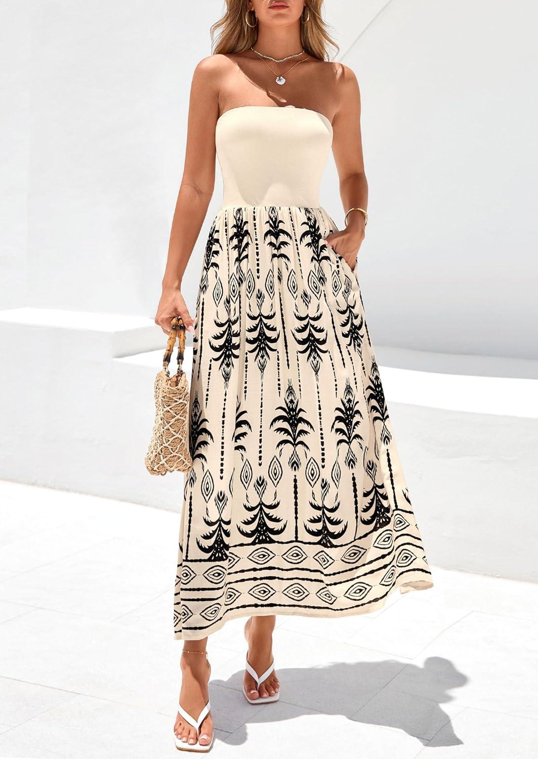imagePRETTYGARDEN Summer Dresses for Women 2026 Floral Patchwork Strapless Tube Long Flowy Dress Beach Vacation ClothesFloral Apricot Black
