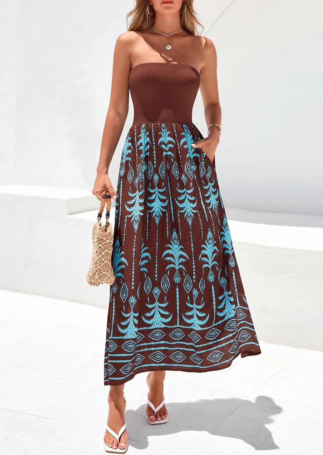 imagePRETTYGARDEN Summer Dresses for Women 2026 Floral Patchwork Strapless Tube Long Flowy Dress Beach Vacation ClothesFloral Brown Blue