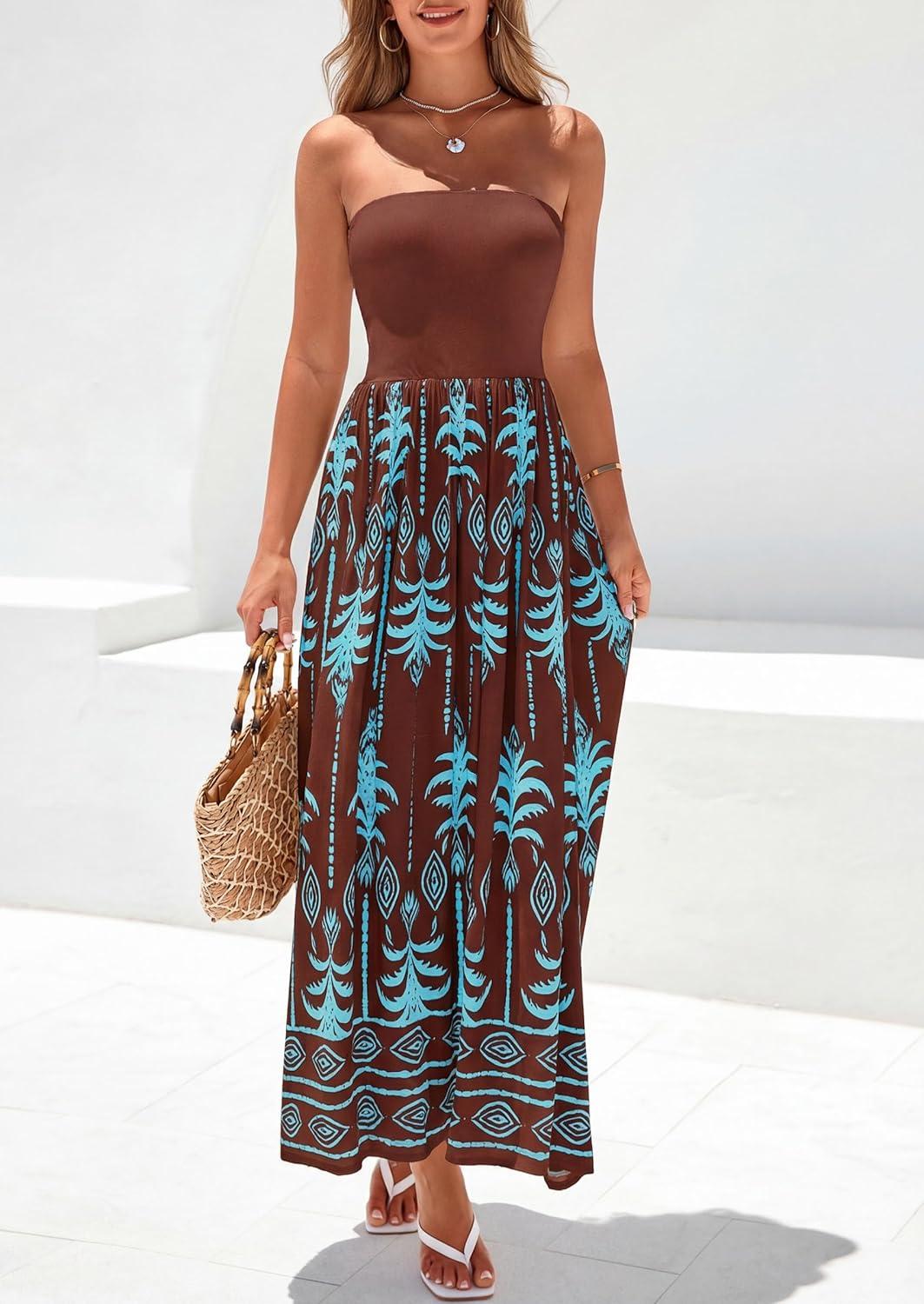 imagePRETTYGARDEN Summer Dresses for Women 2026 Floral Patchwork Strapless Tube Long Flowy Dress Beach Vacation ClothesFloral Brown Blue