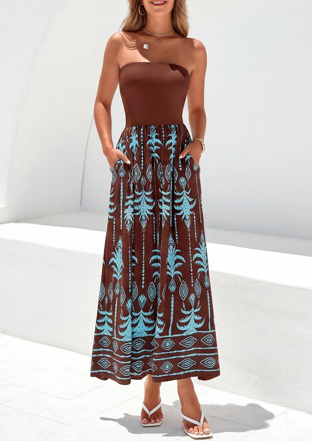 imagePRETTYGARDEN Summer Dresses for Women 2026 Floral Patchwork Strapless Tube Long Flowy Dress Beach Vacation ClothesFloral Brown Blue