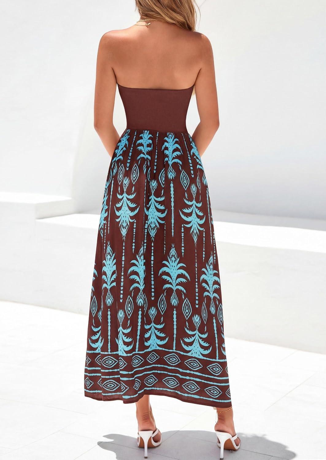 imagePRETTYGARDEN Summer Dresses for Women 2026 Floral Patchwork Strapless Tube Long Flowy Dress Beach Vacation ClothesFloral Brown Blue