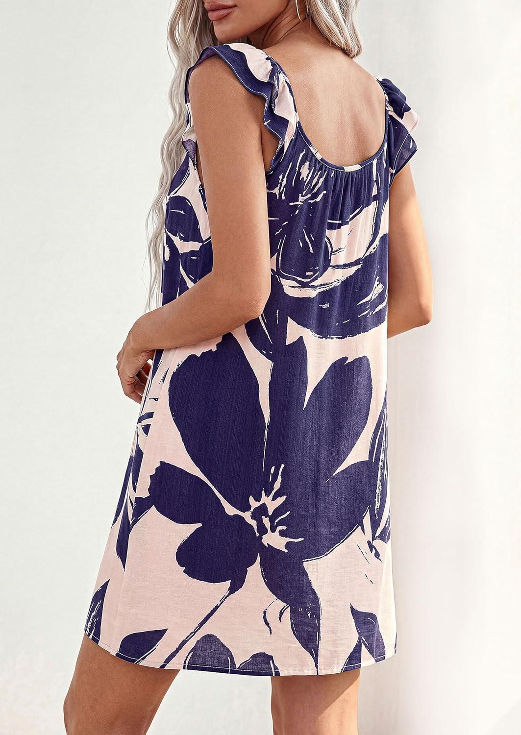 imagePRETTYGARDEN Sundresses for Women 2026 Boho Floral Summer Dresses Ruffle Cap Sleeve Short A Line Mini Beach Vacation DressPink Purple Floral