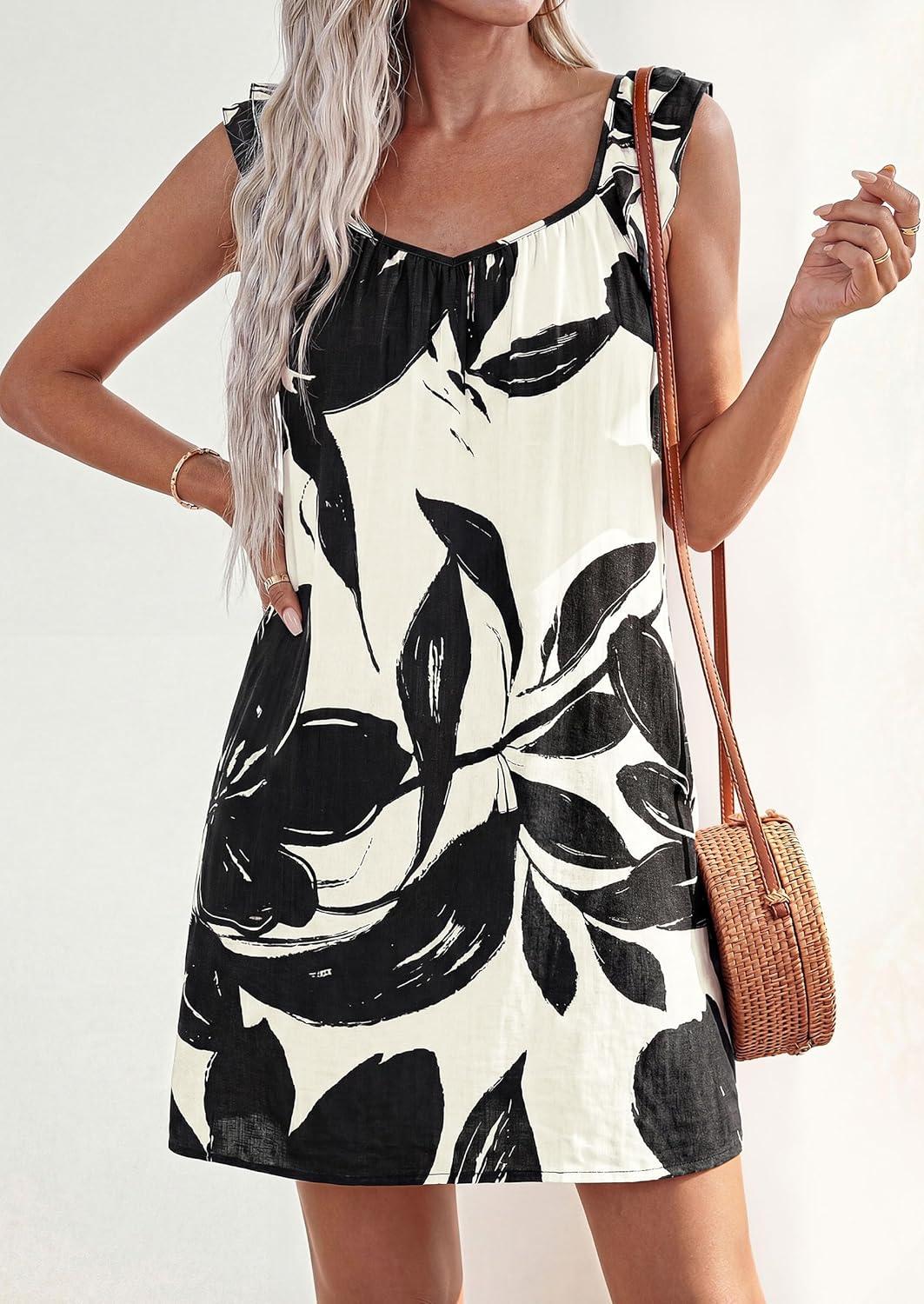 imagePRETTYGARDEN Sundresses for Women 2026 Boho Floral Summer Dresses Ruffle Cap Sleeve Short A Line Mini Beach Vacation DressWhite Black Floal