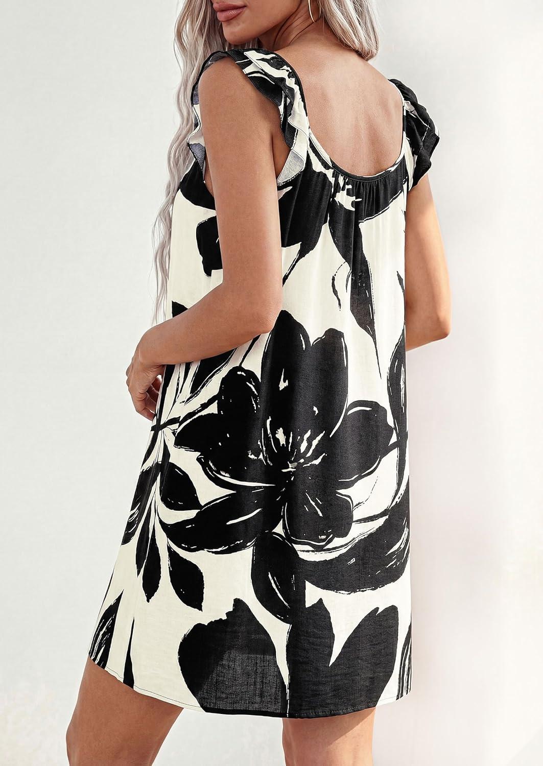 imagePRETTYGARDEN Sundresses for Women 2026 Boho Floral Summer Dresses Ruffle Cap Sleeve Short A Line Mini Beach Vacation DressWhite Black Floal