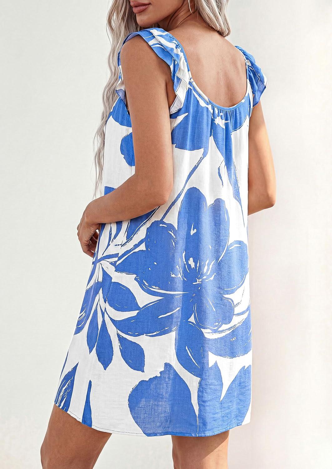 imagePRETTYGARDEN Sundresses for Women 2026 Boho Floral Summer Dresses Ruffle Cap Sleeve Short A Line Mini Beach Vacation DressWhite Blue Floral