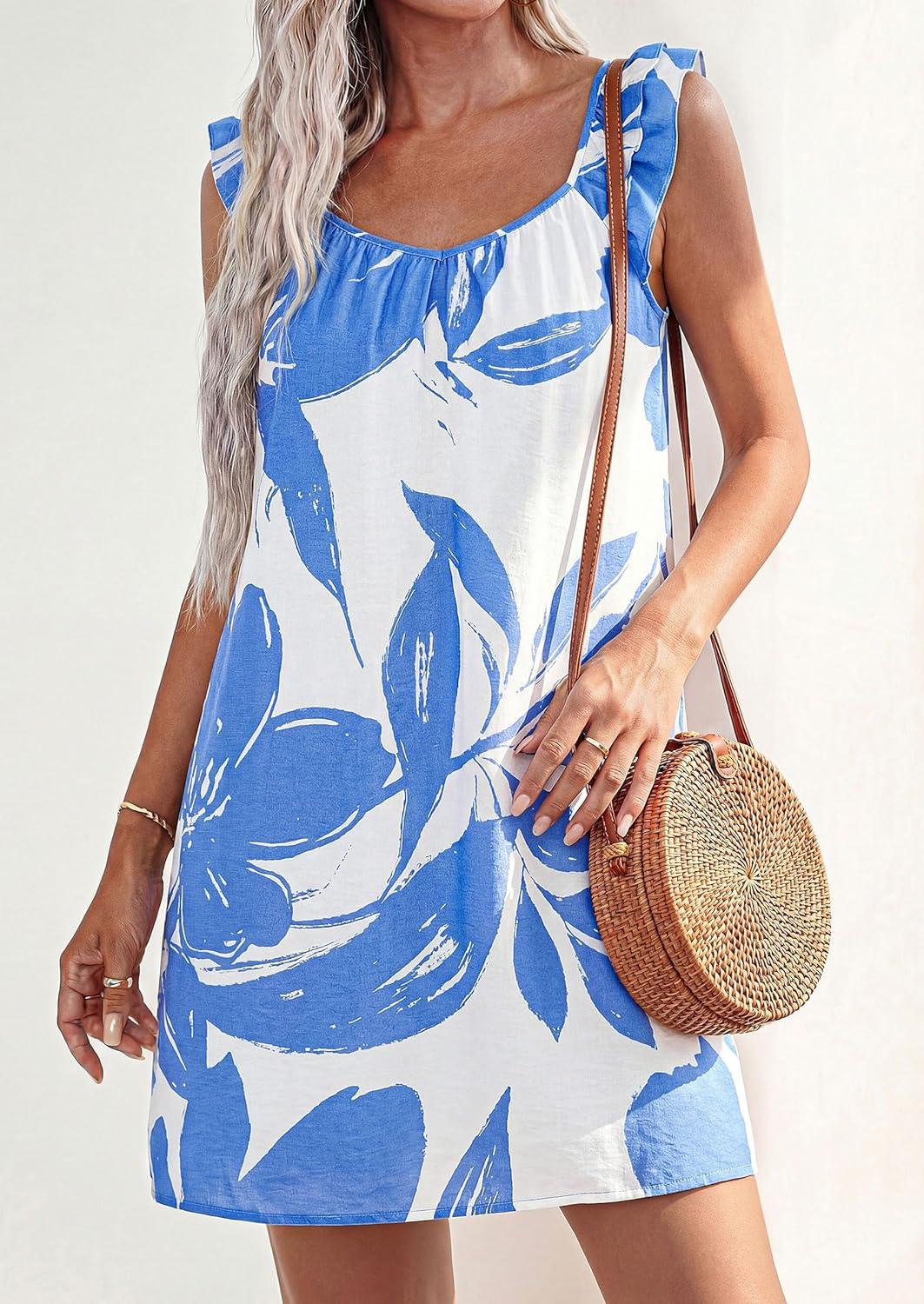 imagePRETTYGARDEN Sundresses for Women 2026 Boho Floral Summer Dresses Ruffle Cap Sleeve Short A Line Mini Beach Vacation DressWhite Blue Floral