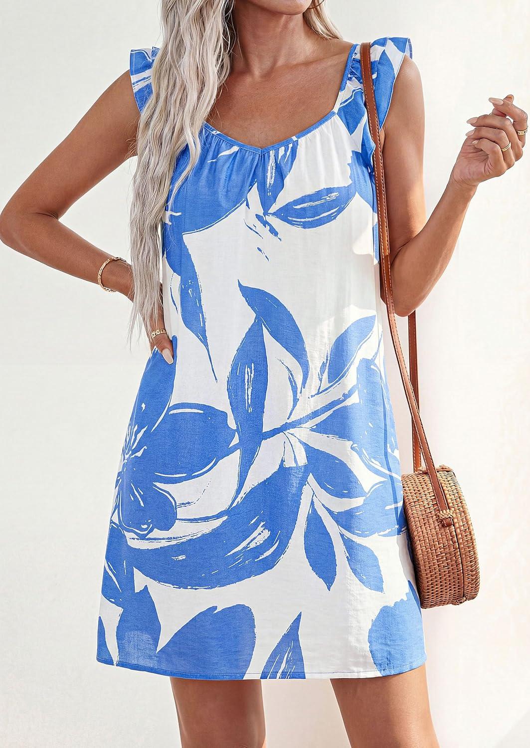 imagePRETTYGARDEN Sundresses for Women 2026 Boho Floral Summer Dresses Ruffle Cap Sleeve Short A Line Mini Beach Vacation DressWhite Blue Floral