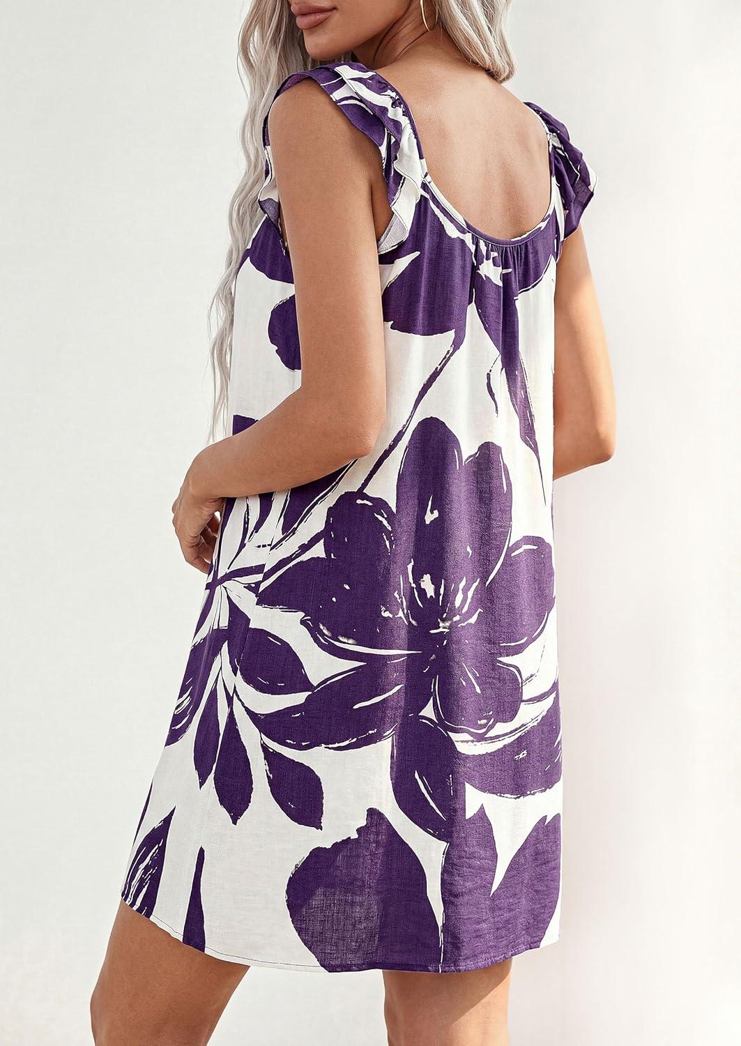 imagePRETTYGARDEN Sundresses for Women 2026 Boho Floral Summer Dresses Ruffle Cap Sleeve Short A Line Mini Beach Vacation DressWhite Purple Floral