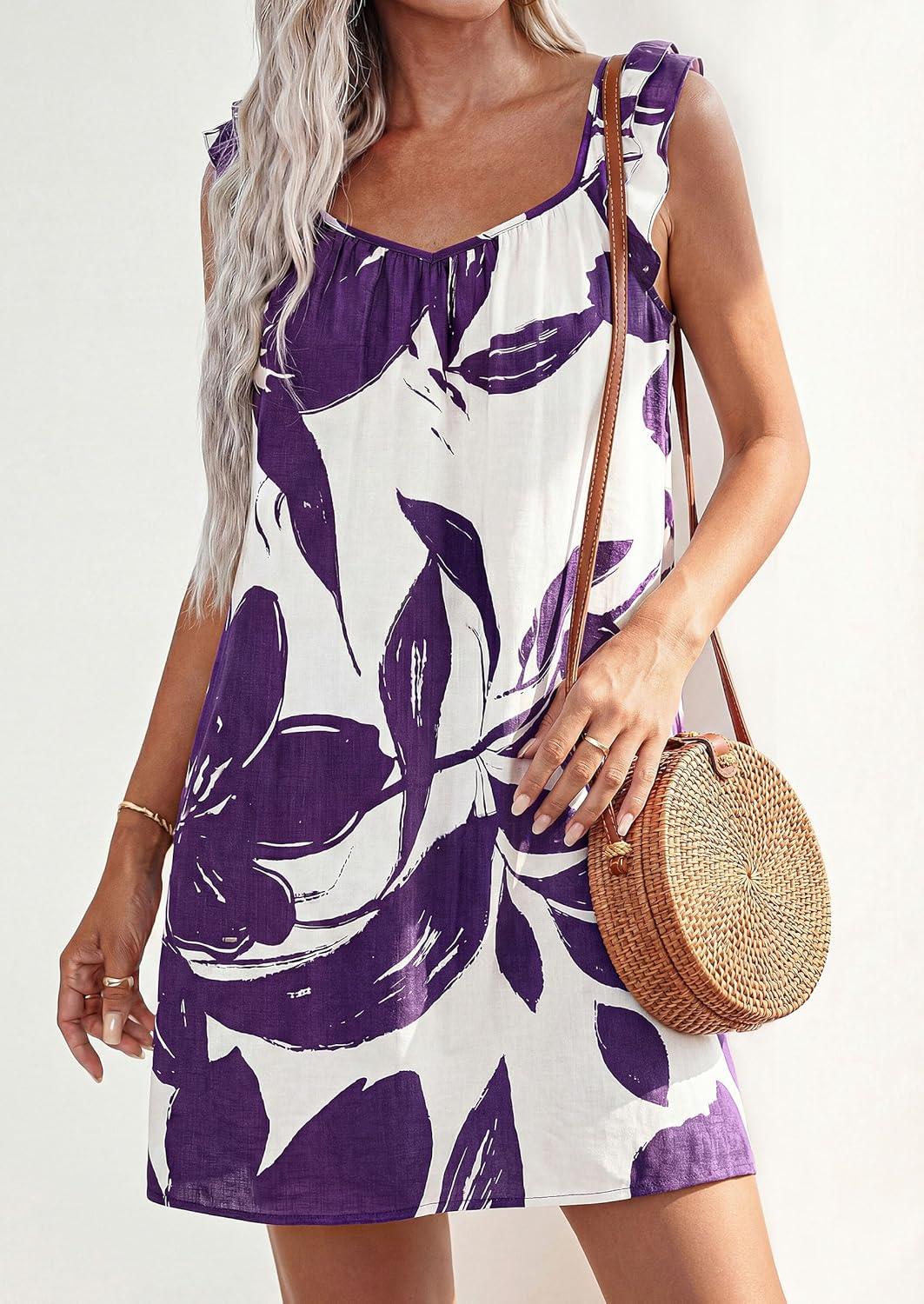 imagePRETTYGARDEN Sundresses for Women 2026 Boho Floral Summer Dresses Ruffle Cap Sleeve Short A Line Mini Beach Vacation DressWhite Purple Floral