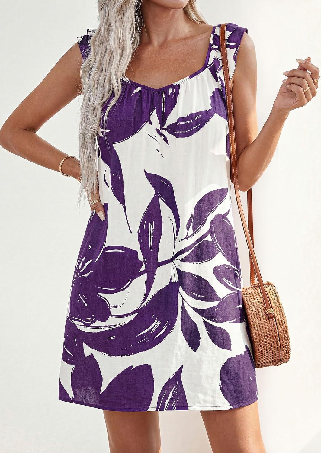 imagePRETTYGARDEN Sundresses for Women 2026 Boho Floral Summer Dresses Ruffle Cap Sleeve Short A Line Mini Beach Vacation DressWhite Purple Floral