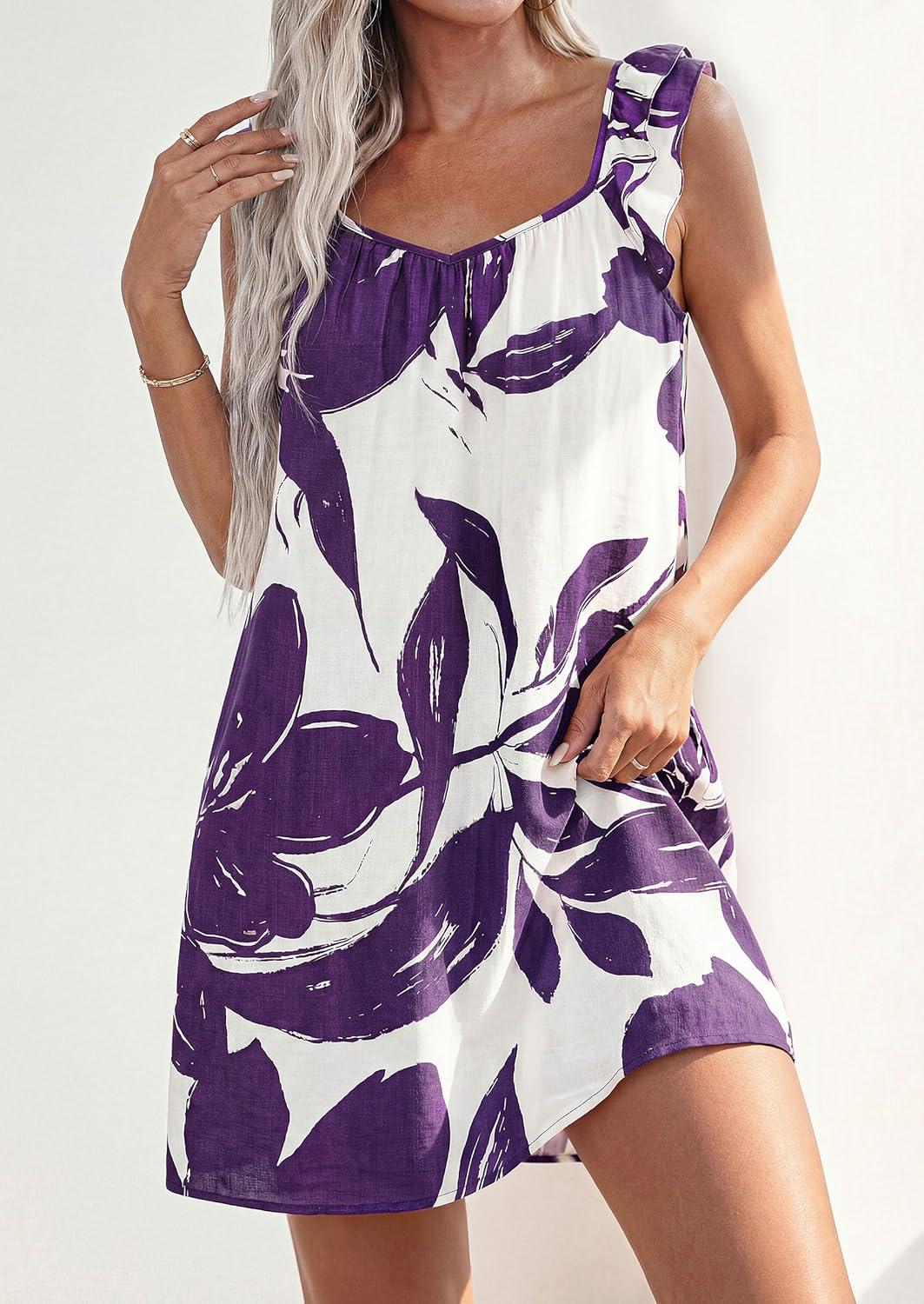 imagePRETTYGARDEN Sundresses for Women 2026 Boho Floral Summer Dresses Ruffle Cap Sleeve Short A Line Mini Beach Vacation DressWhite Purple Floral