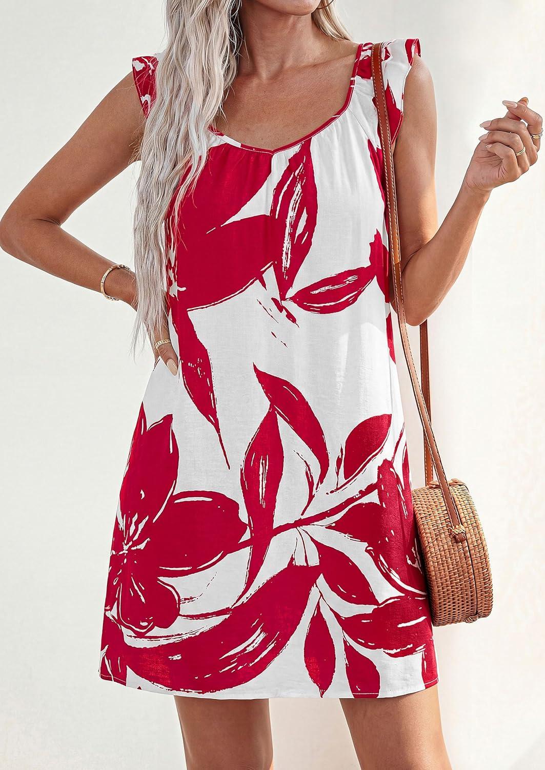 imagePRETTYGARDEN Sundresses for Women 2026 Boho Floral Summer Dresses Ruffle Cap Sleeve Short A Line Mini Beach Vacation DressWhite Red Floral