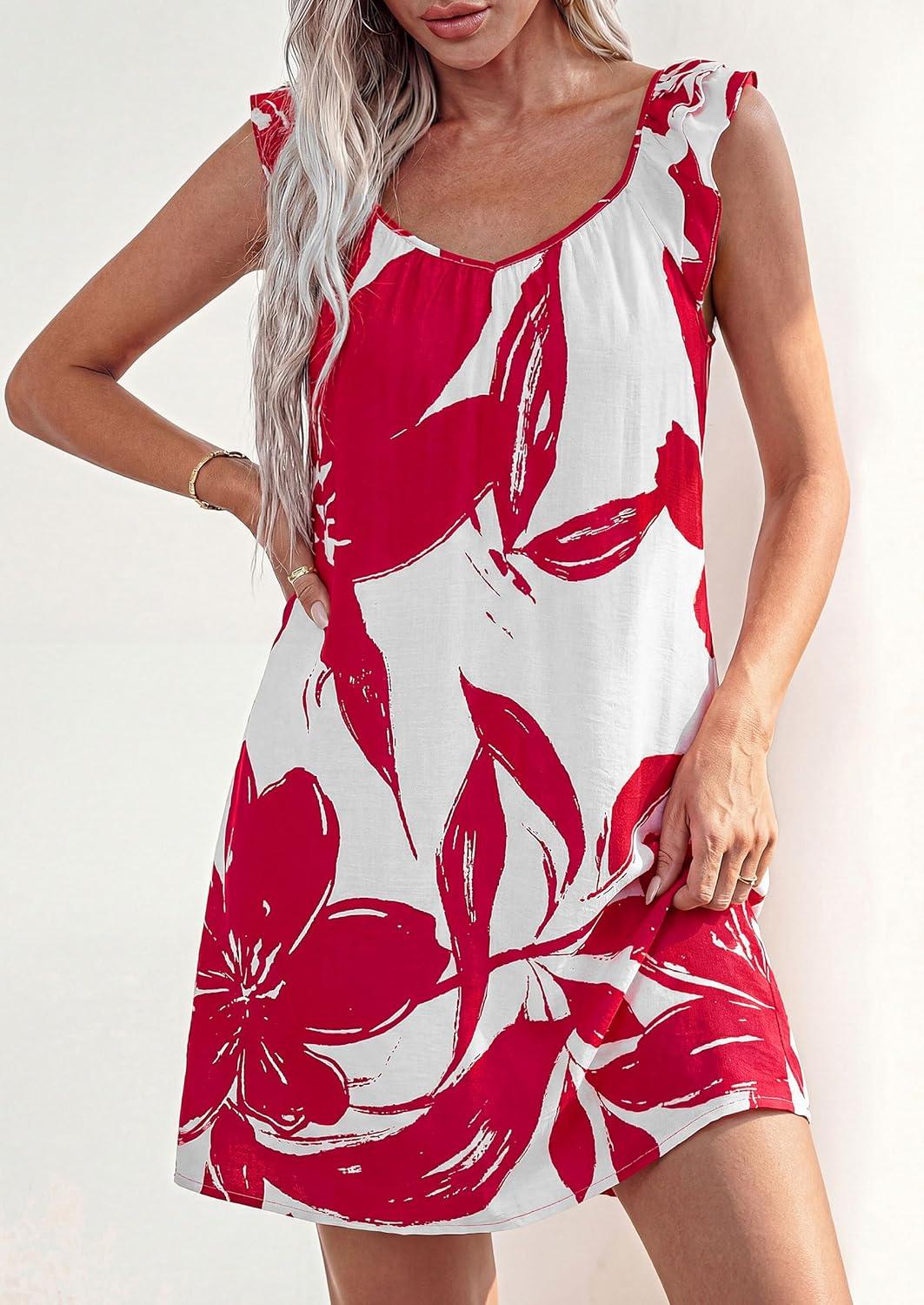 imagePRETTYGARDEN Sundresses for Women 2026 Boho Floral Summer Dresses Ruffle Cap Sleeve Short A Line Mini Beach Vacation DressWhite Red Floral