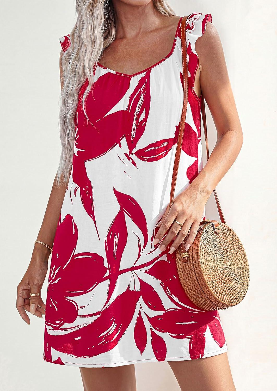 imagePRETTYGARDEN Sundresses for Women 2026 Boho Floral Summer Dresses Ruffle Cap Sleeve Short A Line Mini Beach Vacation DressWhite Red Floral