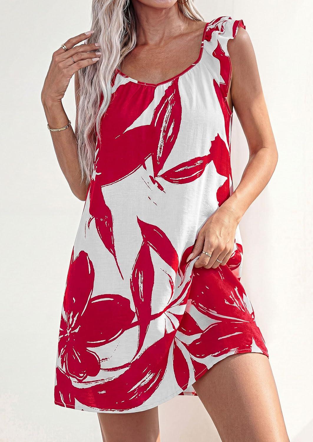 imagePRETTYGARDEN Sundresses for Women 2026 Boho Floral Summer Dresses Ruffle Cap Sleeve Short A Line Mini Beach Vacation DressWhite Red Floral