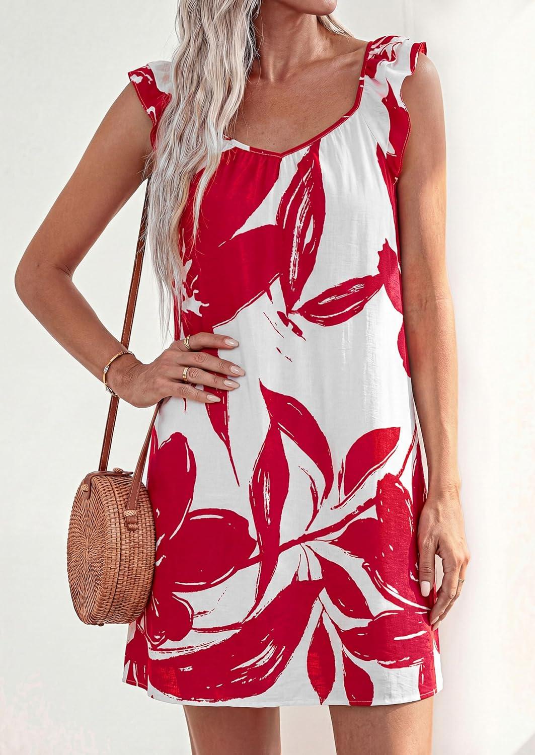 imagePRETTYGARDEN Sundresses for Women 2026 Boho Floral Summer Dresses Ruffle Cap Sleeve Short A Line Mini Beach Vacation DressWhite Red Floral