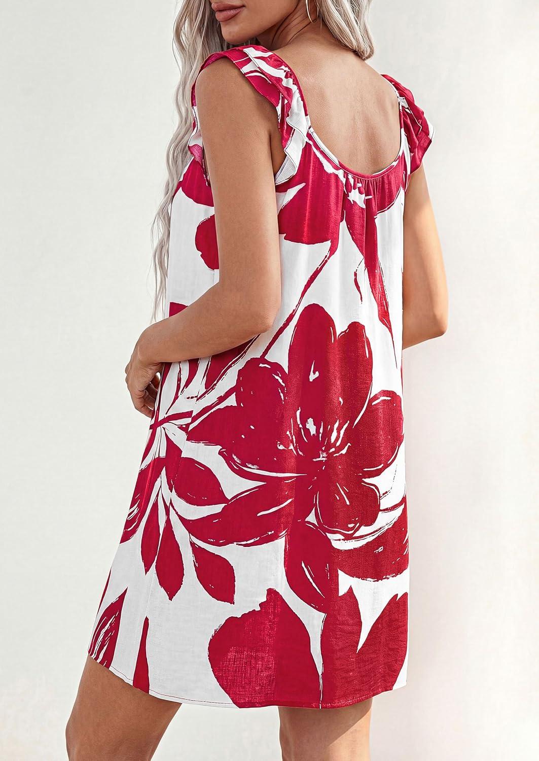 imagePRETTYGARDEN Sundresses for Women 2026 Boho Floral Summer Dresses Ruffle Cap Sleeve Short A Line Mini Beach Vacation DressWhite Red Floral