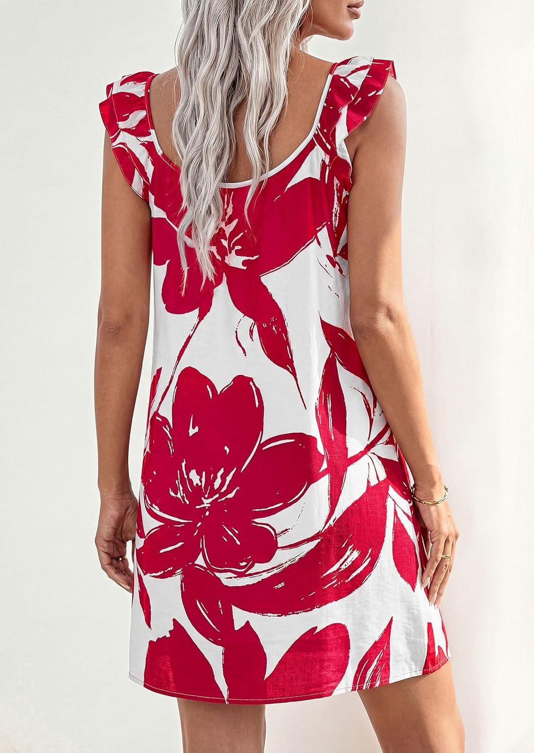 imagePRETTYGARDEN Sundresses for Women 2026 Boho Floral Summer Dresses Ruffle Cap Sleeve Short A Line Mini Beach Vacation DressWhite Red Floral