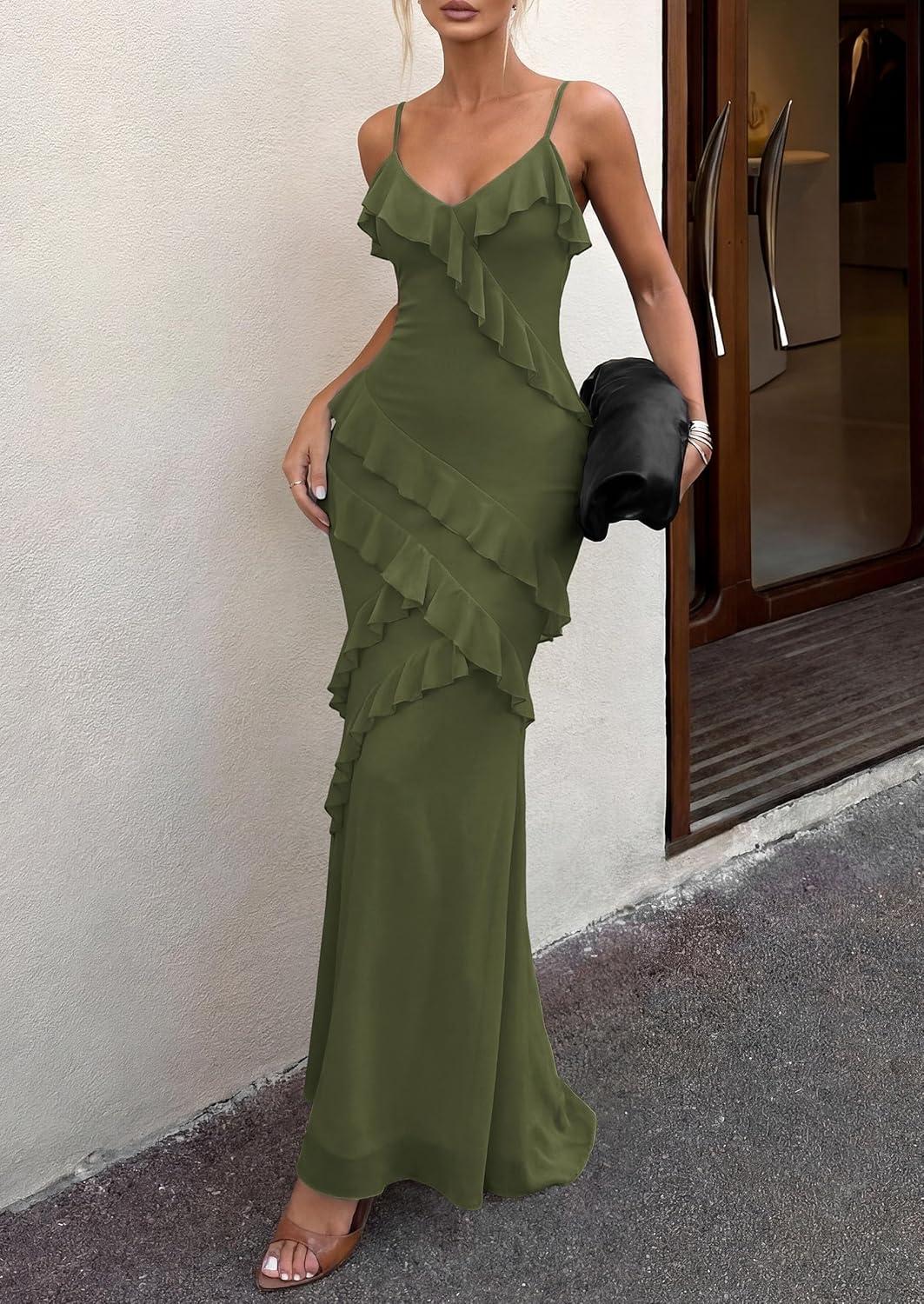 imagePRETTYGARDEN Women 2026 Wedding Guest Cocktail Maxi Dress Spaghetti Strap Sleeveless V Neck Bodycon Mesh Party Summer OutfitsArmy Green